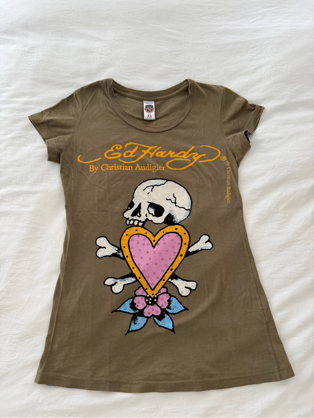 Ed Hardy Olive Short Sleeve Tee with Pink Heart & Yellow Logo